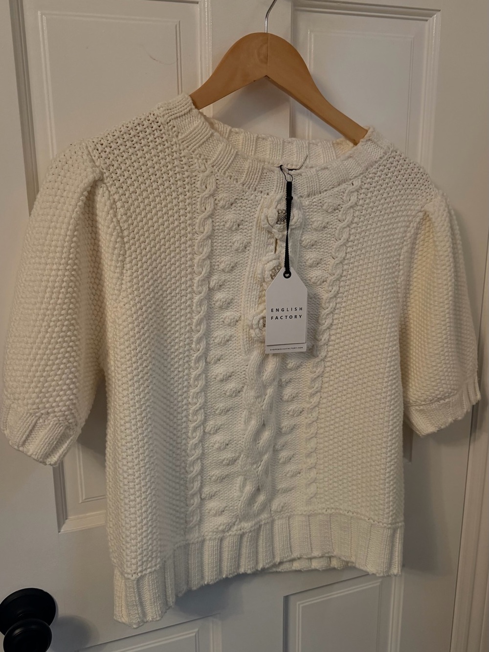 English Factory Cream Cable-Front Short Sleeve Sweater